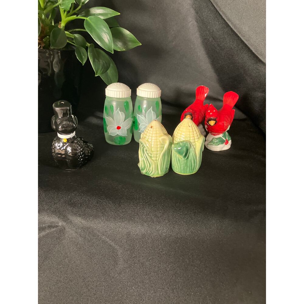 Vintage Salt & Pepper Shaker Lot Poodle Frosted Glass Leaf Red Birds Corn Set